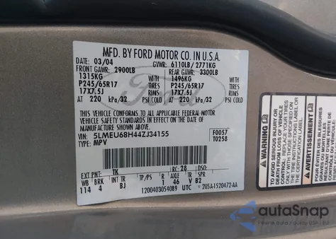 2004 Lincoln Aviator из США, поврежденный, VIN 5LMEU68H44ZJ34155